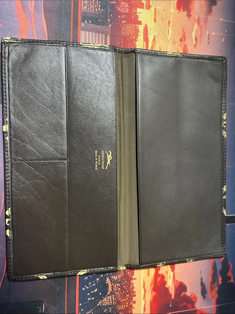Longchamp Black Wallet with Gold Chain Print